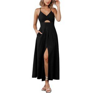 Spaghetti Strap Dress Sleeveless V Neck Cutout Slit Maxi Dress For Women